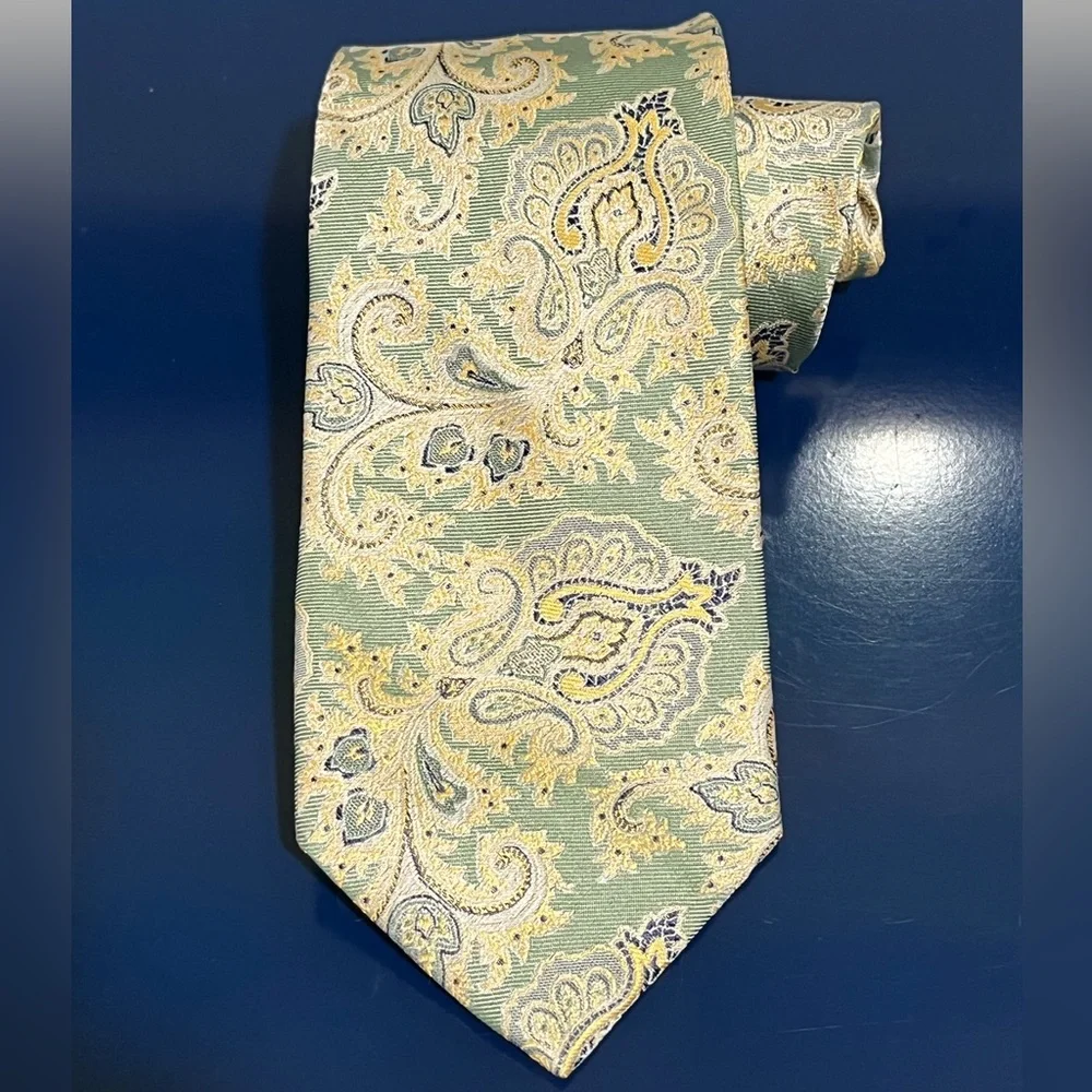 Paul Frederick Floral Paisley Metallic Silk Tie Blue Green Gold Vintage 80s 90s